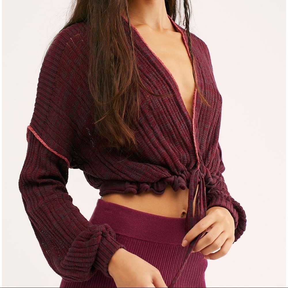 Free People Cardigan Women Extra Small Maroon Florence Ribbed Cropped‎